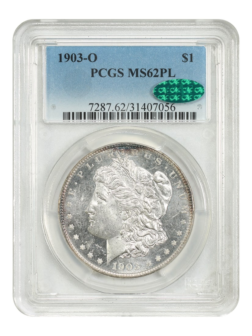 PCGS CAC MS62PL 1903-O Morgan Silver Dollar Uncirculated New Orleans Mint: PCGS CAC MS62PL 1903-O Morgan Silver Dollar Uncirculated New Orleans Mint This 1903-O Morgan Dollar is graded MS62PL by PCGS and features CAC approval. Struck in New Orleans, this uncirculated coin is
