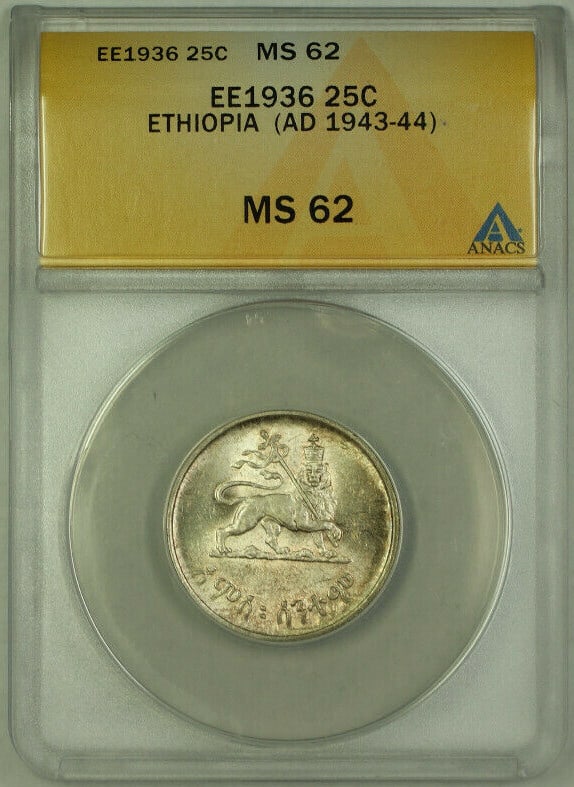 Ethiopia 1936 Silver 50 Cent Coin ANACS MS 62 Certified: Ethiopia 1936 Silver 50 Cent Coin ANACS MS 62 Certified This is a 1936-EE Ethiopia 50 Cents coin, composed of silver and certified by ANACS with a grade of MS 62. The coin is uncirculated and originat