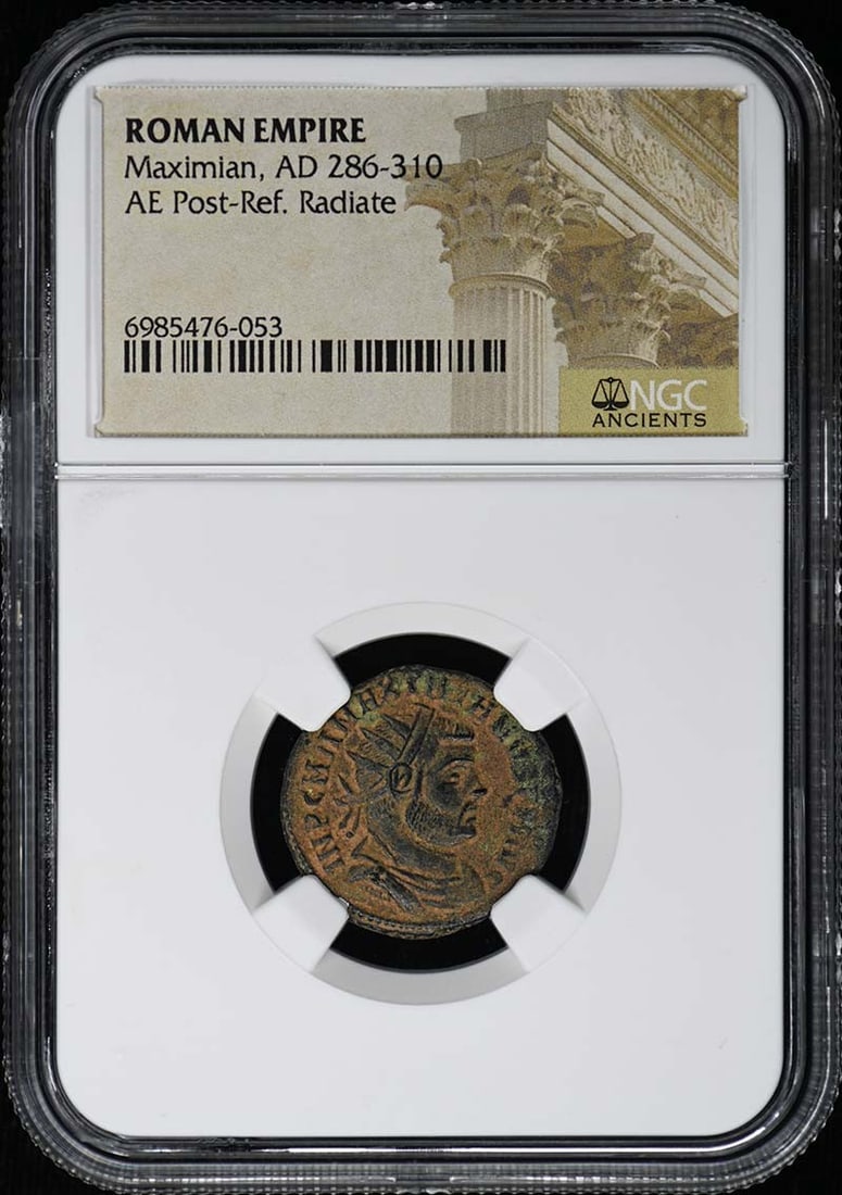 Roman Empire AE Post-Reform Radiate Coin NGC Certified Maximian: Roman Empire AE Post-Reform Radiate Coin NGC Certified Maximian This is a Roman Empire AE Post-Reform Radiate coin from the reign of Maximian, dating from AD 286-310. The coin has been certified by NG
