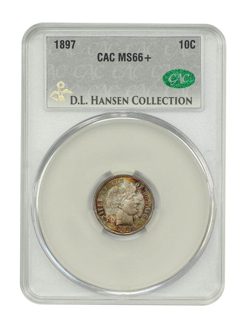1897 Barber Dime 10C CACG MS66+ D.L. Hansen Collection: 1897 Barber Dime 10C CACG MS66+ D.L. Hansen Collection This stunning 1897 Barber Dime is certified by CACG with a grade of MS66+. It showcases exquisite multi-colored pastel tones on the reverse and a