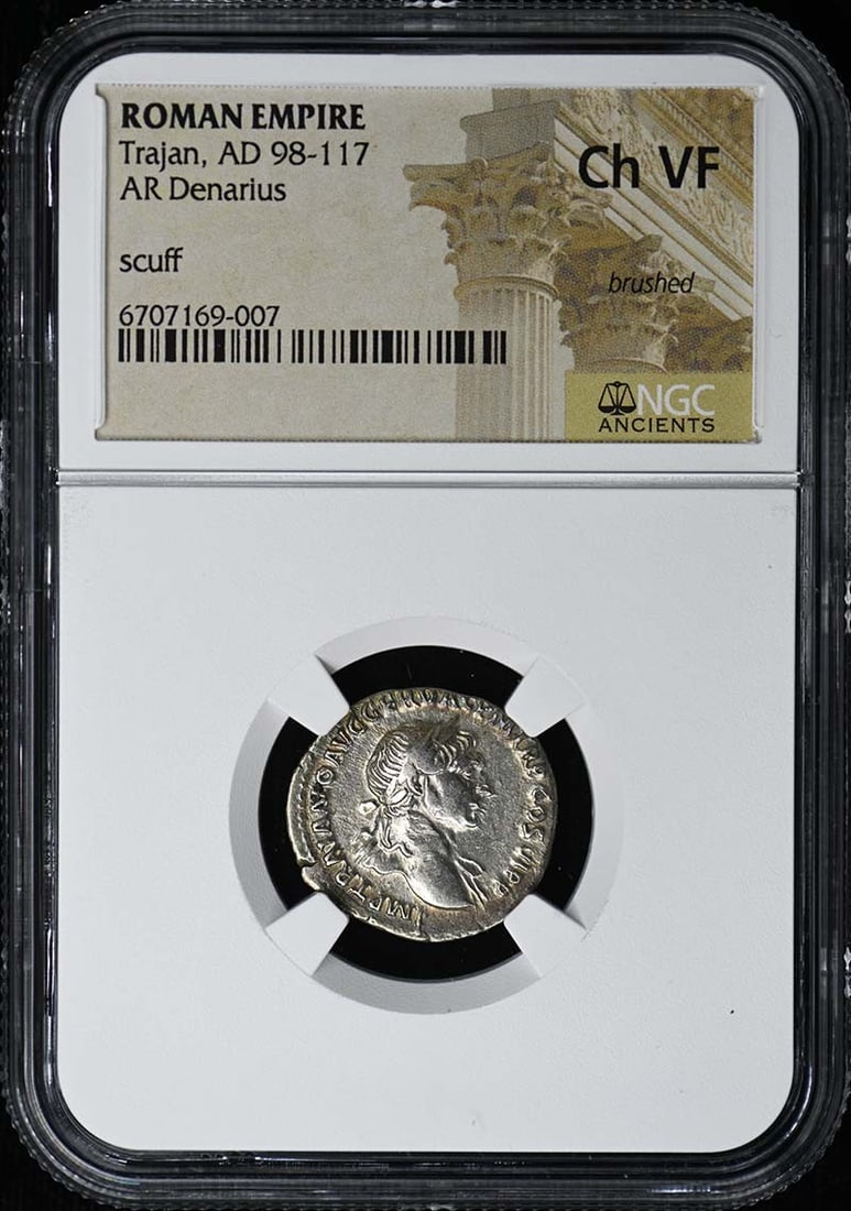 NGC Certified Roman Denarius of Trajan Silver Ancient Coin VF30: NGC Certified Roman Denarius of Trajan Silver Ancient Coin VF30 This is a Roman Empire AR Denarius issued under Emperor Trajan, who reigned from AD 98 to 117. The coin has been graded VF30 by NGC and 