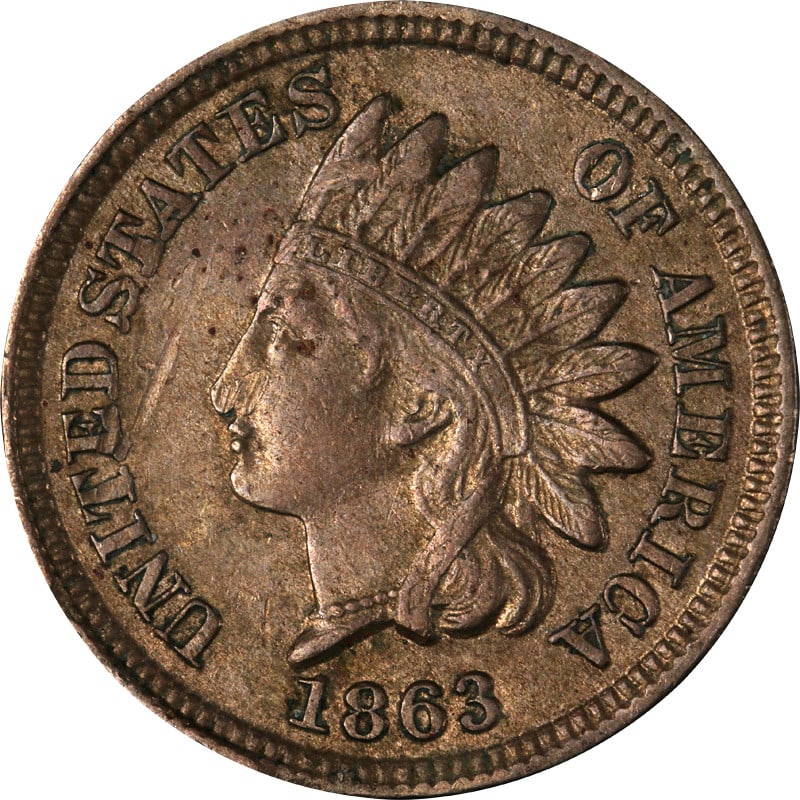 Copper Indian Head Cent United States 1863 Circulated Coin: Copper Indian Head Cent United States 1863 Circulated Coin This is an 1863 Indian Cent coin from the United States. Made of copper, this circulated coin dates back to the Civil War era and remains a c