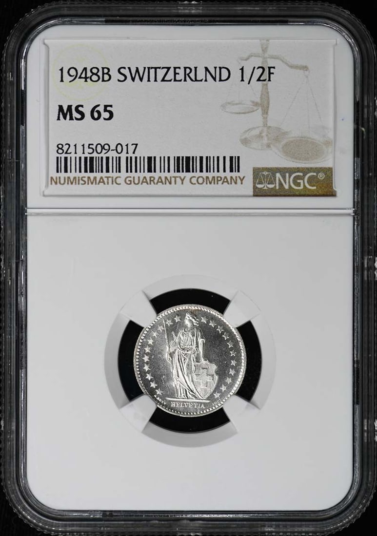 1948 Swiss Half Franc NGC Certified MS65 Uncirculated Coin: 1948 Swiss Half Franc NGC Certified MS65 Uncirculated Coin This is an un-used 1948 Switzerland 1/2 Franc coin graded MS65 by NGC. It is certified with NGC certification number 8211509017 and comes fro