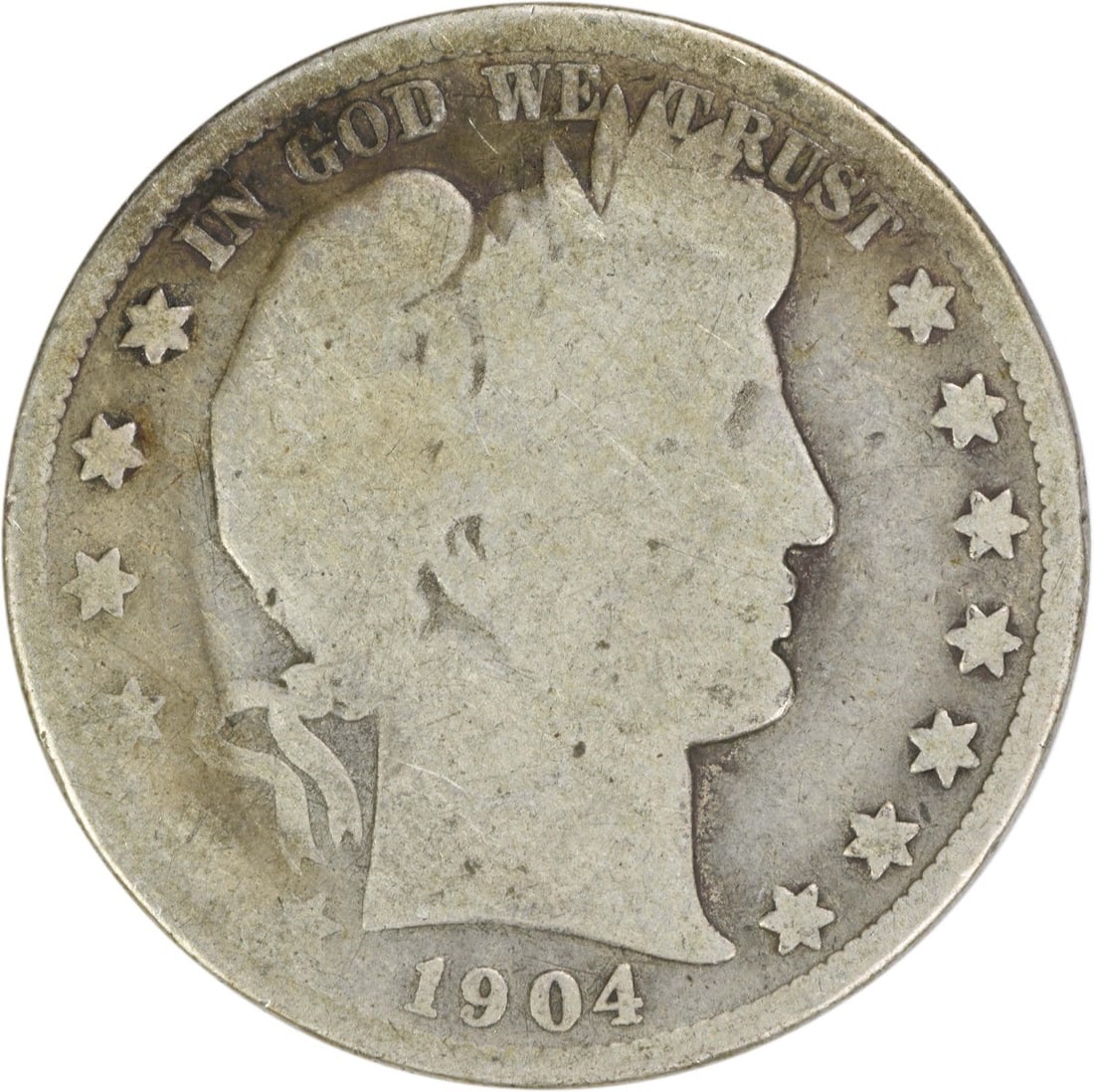 San Francisco Mint 1904 Barber Half Dollar Silver Coin Uncertified: San Francisco Mint 1904 Barber Half Dollar Silver Coin Uncertified This is a 1904-S Barber Half Dollar coin from the San Francisco Mint. The coin is circulated and uncertified, with a grade of About G
