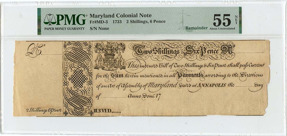 1733 Maryland 2 Shillings 6 Pence Colonial Note PMG AU55: 1733 Maryland 2 Shillings 6 Pence Colonial Note PMG AU55 This 1733 Maryland Colonial Note is a rare piece of currency, denominated at 2 Shillings 6 Pence. Certified by PMG with a grade of AU55, this n