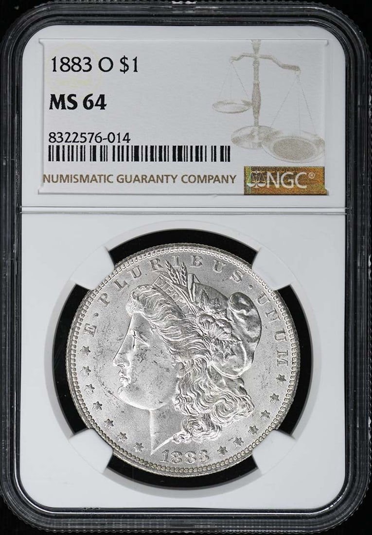 NGC MS64 1883 New Orleans Morgan Silver Dollar: NGC MS64 1883 New Orleans Morgan Silver Dollar This is an 1883-O Morgan Dollar, certified by NGC with a grade of MS64. The coin is uncirculated and was minted in New Orleans. It is a pre-owned collect