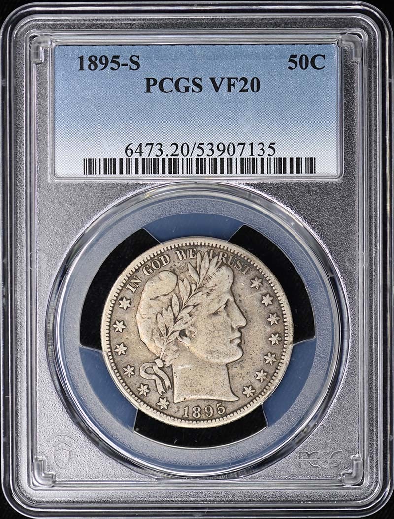 1895-S Barber Half Dollar PCGS VF20 Certified Coin: 1895-S Barber Half Dollar PCGS VF20 Certified Coin This 1895-S Barber Half Dollar showcases a grade of VF20, certified by PCGS. It was minted in San Francisco and is a circulated coin, reflecting its 