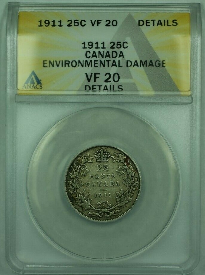 1911 Canadian 25 Cent Silver Coin ANACS VF-20 Environmental Damage: 1911 Canadian 25 Cent Silver Coin ANACS VF-20 Environmental Damage This is a 1911 Canada 25 cents silver coin, certified by ANACS with a grade of VF-20 and noted for environmental damage. The coin is 
