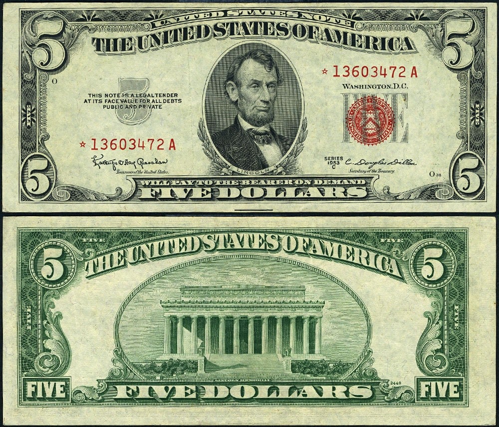 1953-C $5 Legal Tender FR. 1535* Star Note XF Circulated (1 of 3)