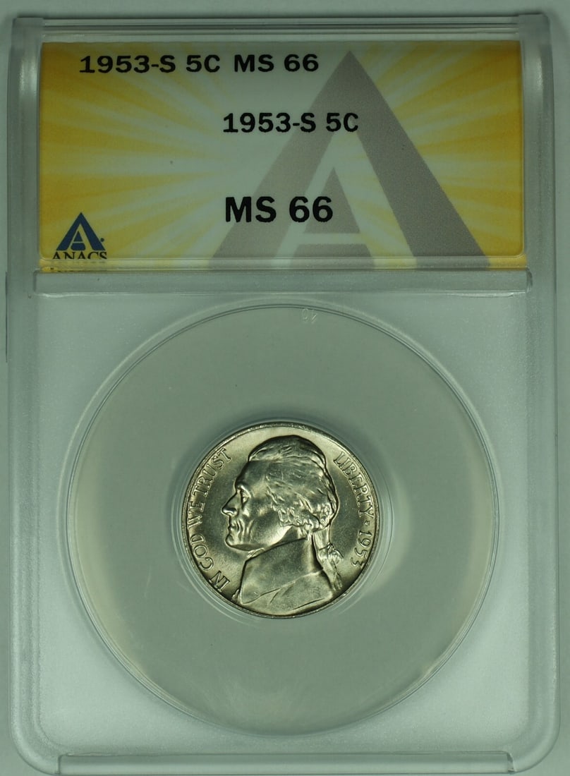 ANACS Certified 1953-S Jefferson Nickel MS 66 Five Cent Coin (1 of 2)