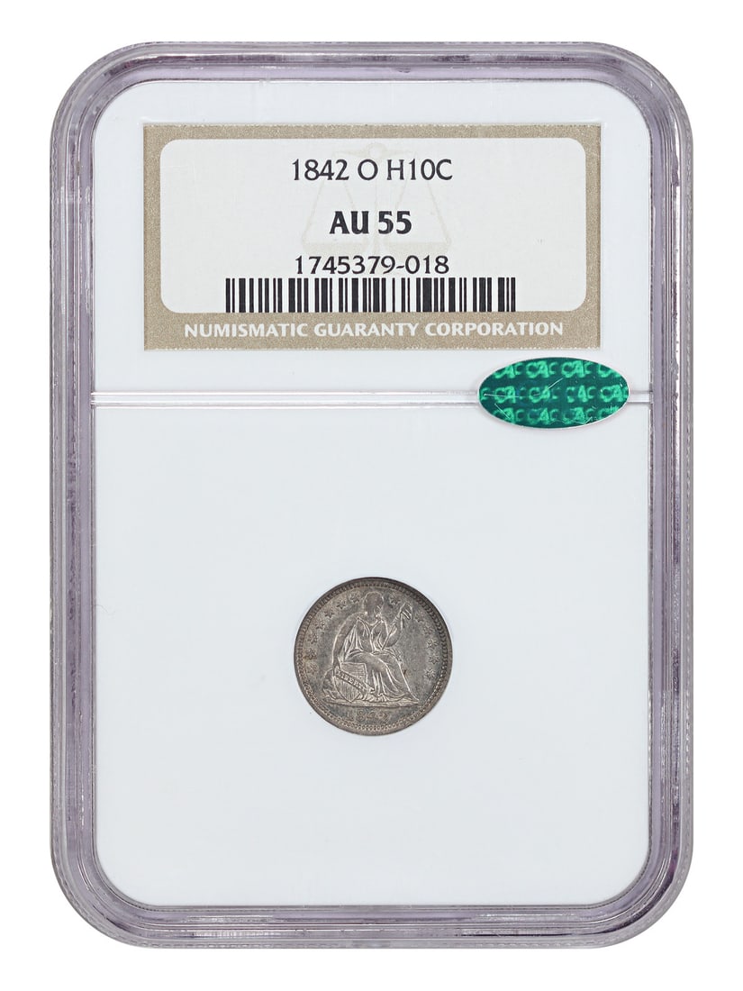 1842-O Liberty Seated Half Dime NGC AU55 CAC Certified: 1842-O Liberty Seated Half Dime NGC AU55 CAC Certified This 1842-O Liberty Seated Half Dime is a circulated example graded AU55 by NGC and approved by CAC. Minted in New Orleans, it features attractiv