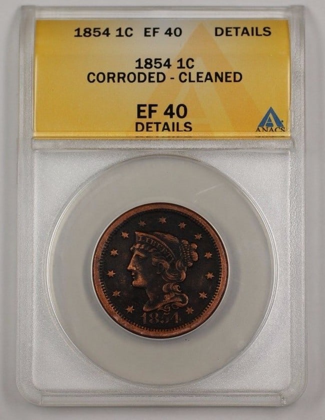 1854 Braided Hair Large Cent Copper US Coin ANACS EF 40 Details (1 of 2)