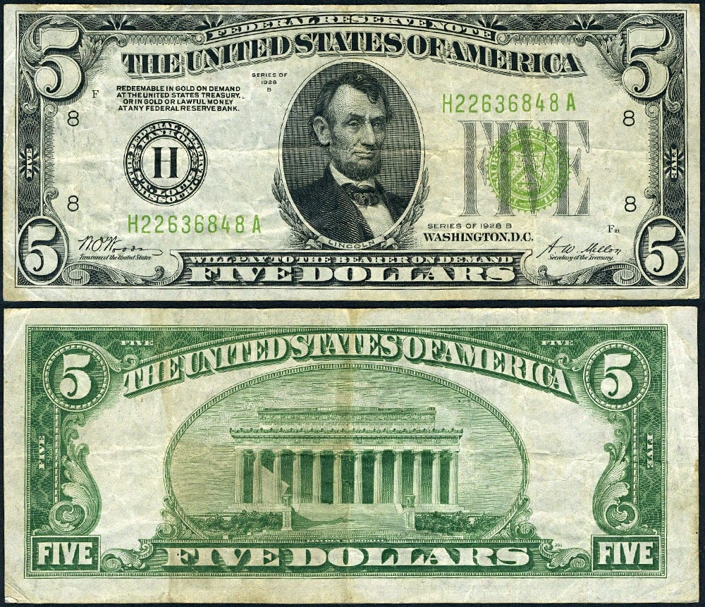 1928-B $5 Federal Reserve Note VF Circulated with Pinholes (1 of 3)