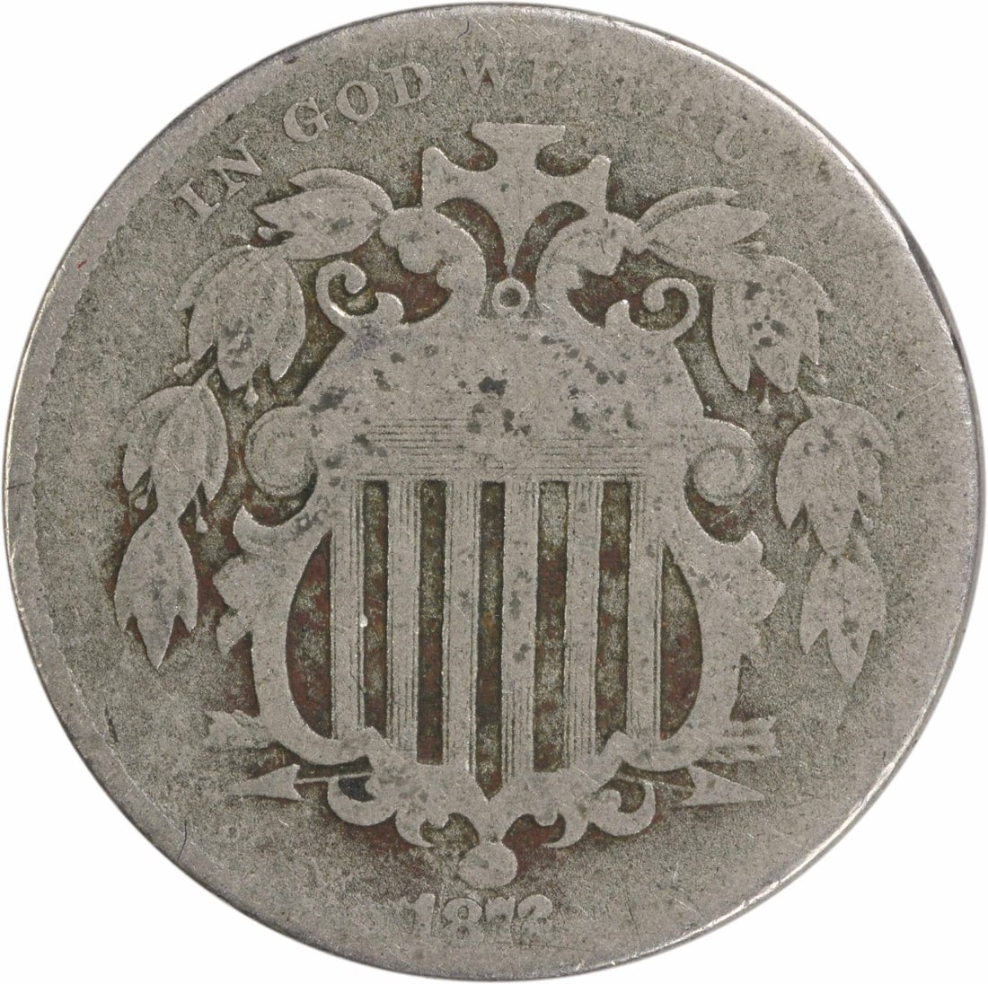 1872 Shield Nickel 5C Circulated Uncertified Coin USA: 1872 Shield Nickel 5C Circulated Uncertified Coin USA This 1872 Shield Nickel is a historical piece from the United States, featuring a denomination of 5 cents. Designed by James Barton Longacre, this