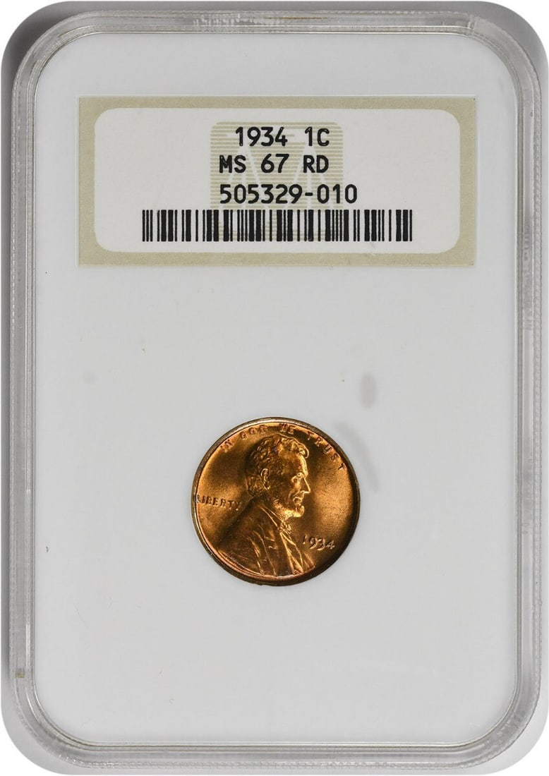 NGC MS67RD Lincoln Wheat Cent 1934 Philadelphia Small Cent: NGC MS67RD Lincoln Wheat Cent 1934 Philadelphia Small Cent This 1934 Lincoln Wheat Cent is certified by NGC and graded MS67RD, indicating it is uncirculated and in exceptional condition. Struck at the