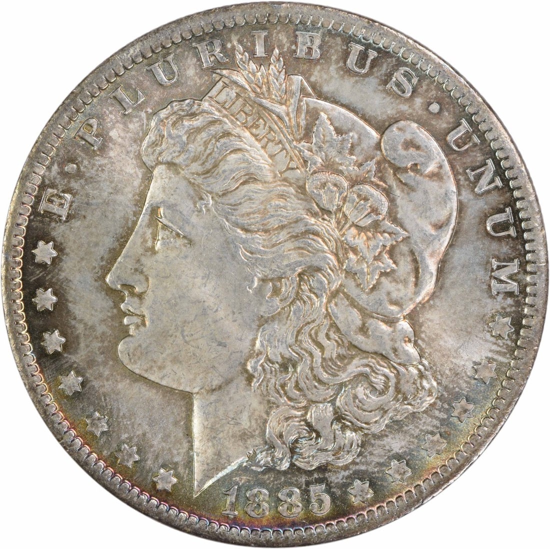 Uncertified 1885-O Silver Morgan Dollar Choice BU With Attractive Toning: Uncertified 1885-O Silver Morgan Dollar Choice BU With Attractive Toning This 1885-O Morgan Silver Dollar is a choice brilliant uncirculated coin featuring attractive toning. It is uncertified and com