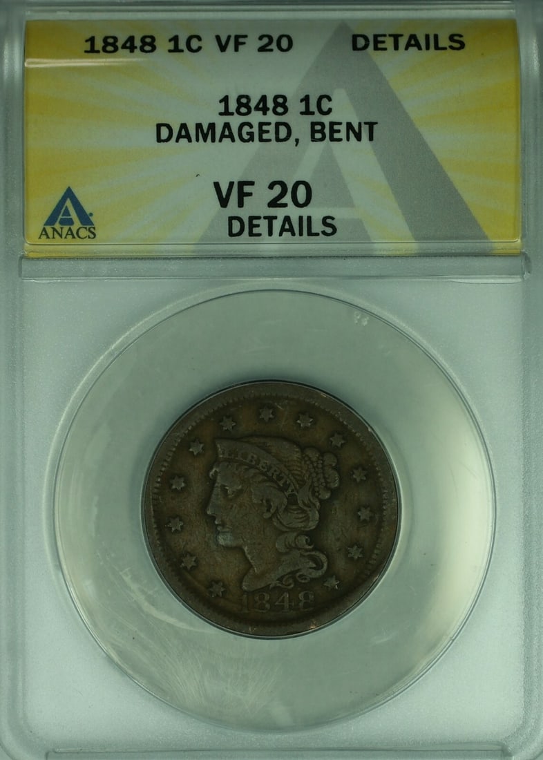 1848 Braided Hair Large Cent ANACS VF-20 Philadelphia Damaged Bent Copper Coin (1 of 2)