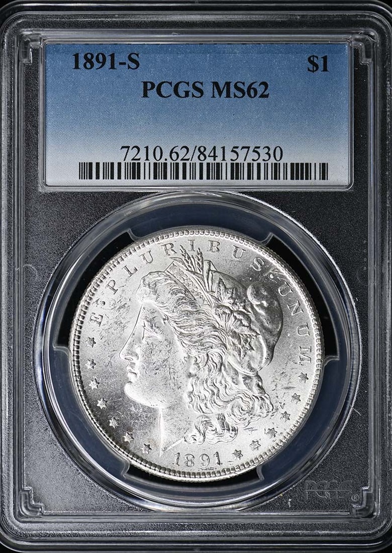 PCGS MS62 1891 San Francisco Morgan Silver Dollar: PCGS MS62 1891 San Francisco Morgan Silver Dollar This is an 1891-S Morgan Dollar, graded MS62 by PCGS. Minted in San Francisco, this uncirculated coin from the United States presents the classic Morg