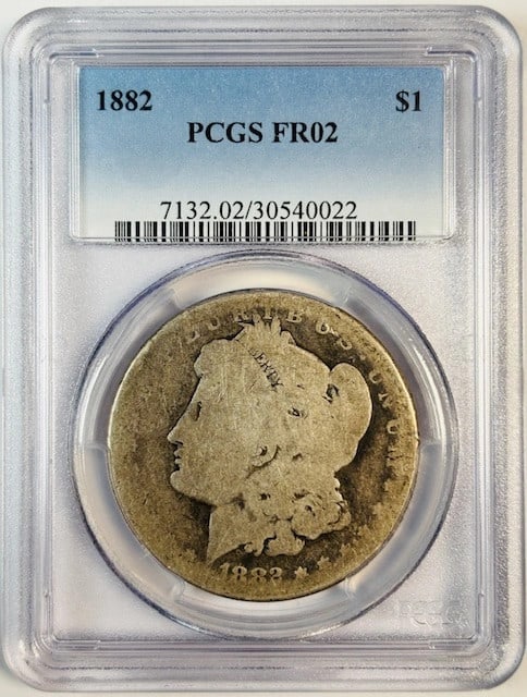 PCGS FR-2 Graded 1882 Philadelphia Morgan Silver Dollar Low Ball: PCGS FR-2 Graded 1882 Philadelphia Morgan Silver Dollar Low Ball This is an 1882 Morgan Silver Dollar minted in Philadelphia, graded FR-2 by PCGS. The coin is composed of silver and is in circulated, 