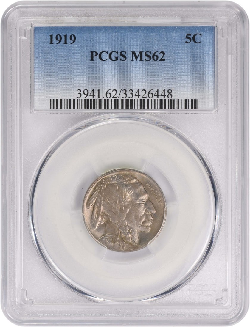 1919 MS62 PCGS Buffalo Five Cent Coin Uncirculated Philadelphia Mint: 1919 MS62 PCGS Buffalo Five Cent Coin Uncirculated Philadelphia Mint This is a 1919 Buffalo Nickel from the Philadelphia Mint, certified by PCGS with an MS62 uncirculated grade. Designed by James Earl