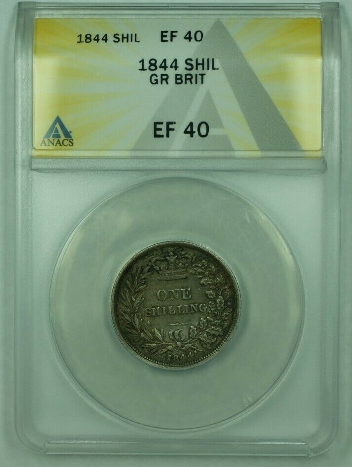 1844 United Kingdom Silver Shilling ANACS XF 40 Certified Coin: 1844 United Kingdom Silver Shilling ANACS XF 40 Certified Coin This 1844 Great Britain 1 Shilling coin has been certified by ANACS with a grade of EF-40 (XF). Composed of 0.925 fineness silver, this c