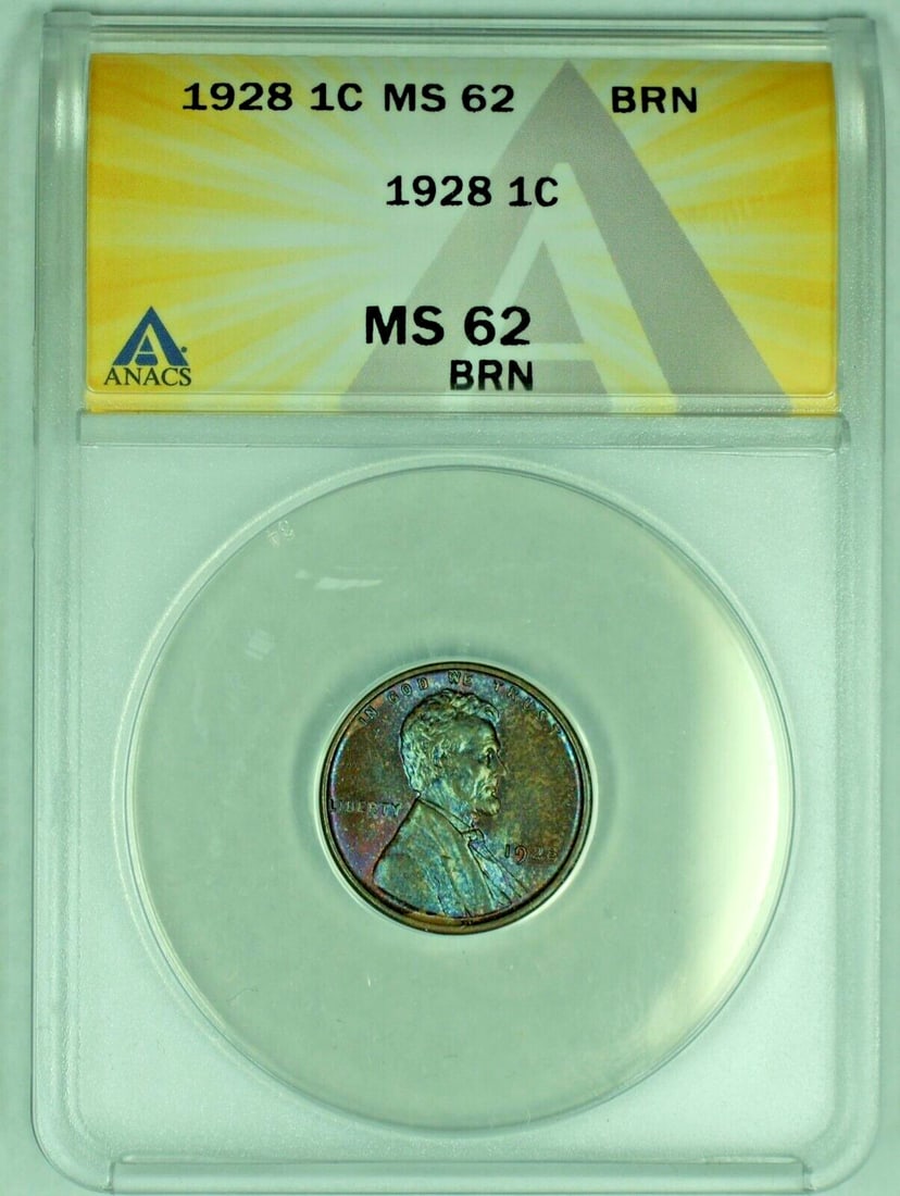 1928 Lincoln Wheat Cent Small Cent Rainbow BN ANACS MS62 Certified Coin (1 of 2)