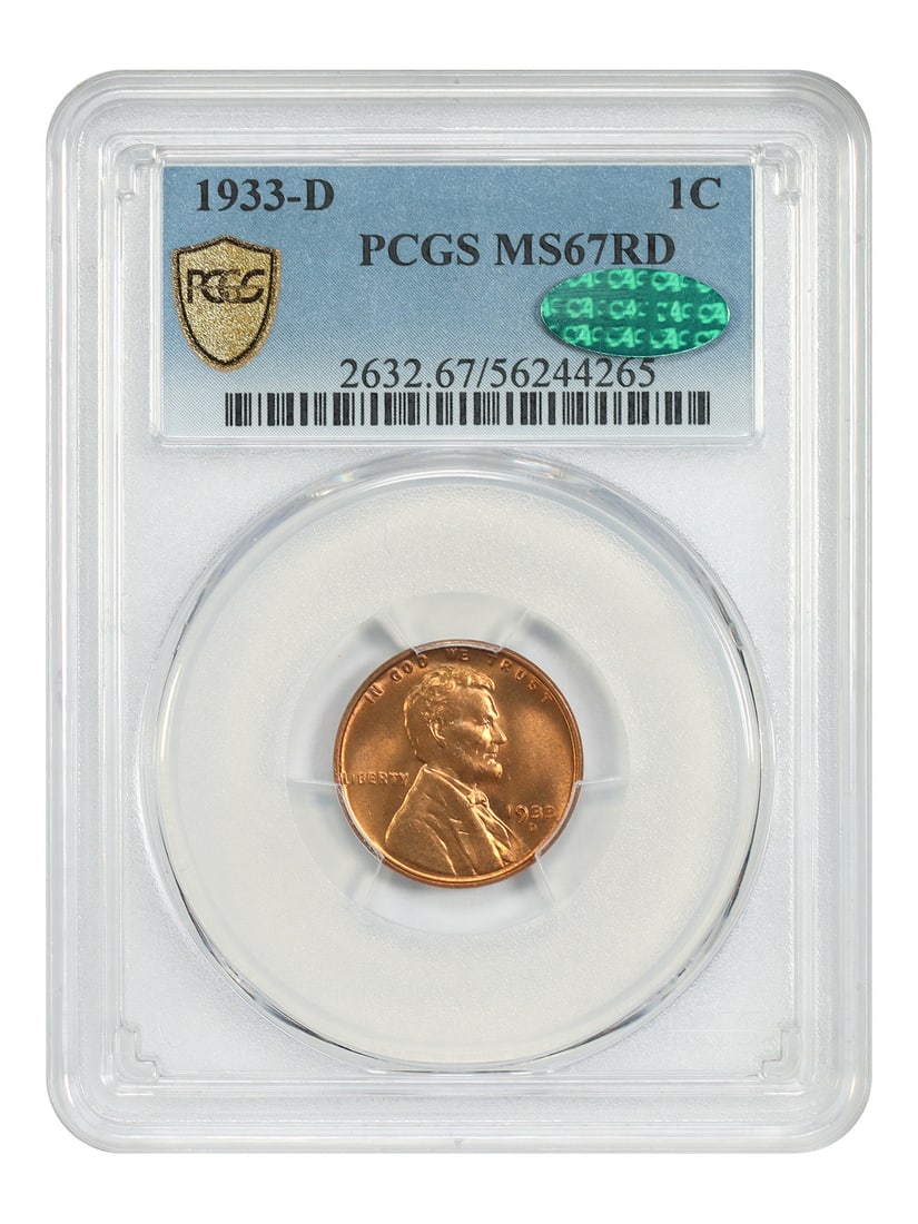 1933 Denver Lincoln Wheat Cent PCGS CAC MS67RD Vibrant Full Red Gem: 1933 Denver Lincoln Wheat Cent PCGS CAC MS67RD Vibrant Full Red Gem This 1933-D Lincoln Cent (Wheat Reverse) is certified by PCGS with a grade of MS67RD and features CAC approval. The coin displays vi