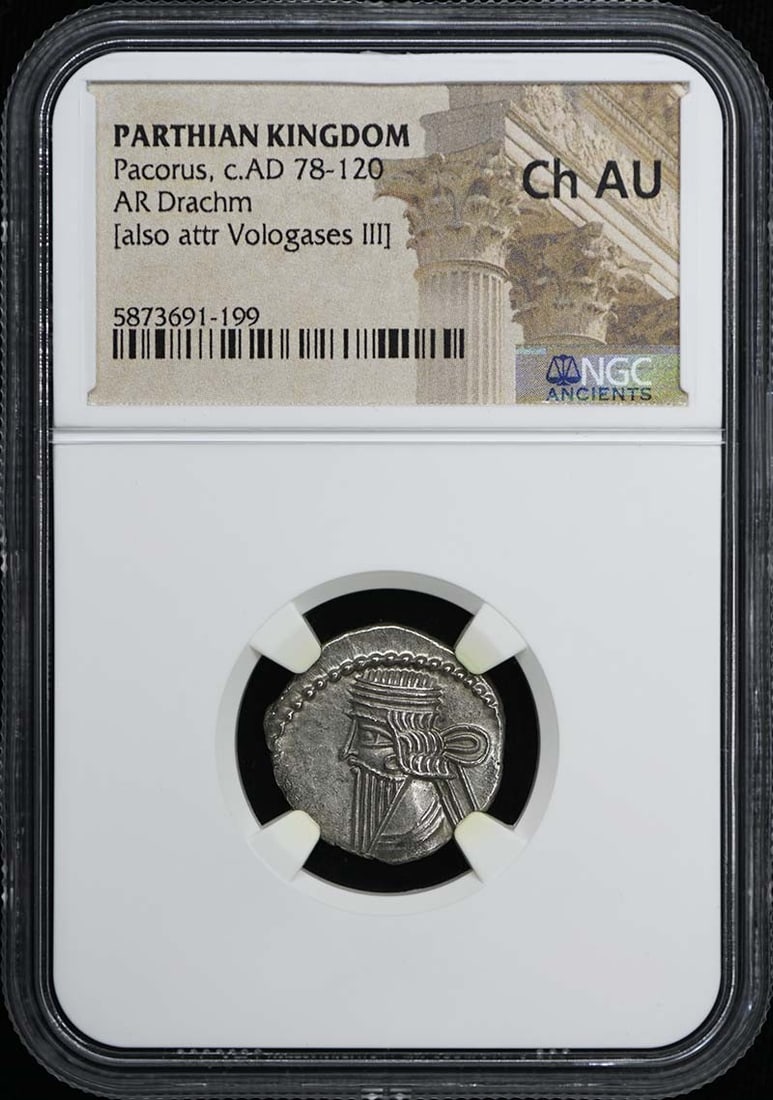 Parthian Kingdom AR Drachm Ch AU Certified by NGC Pacorus c AD 78-120: Parthian Kingdom AR Drachm Ch AU Certified by NGC Pacorus c AD 78-120 This AR Drachm coin from the Parthian Kingdom dates to the reign of Pacorus, circa AD 78-120. Certified by NGC and graded Choice A