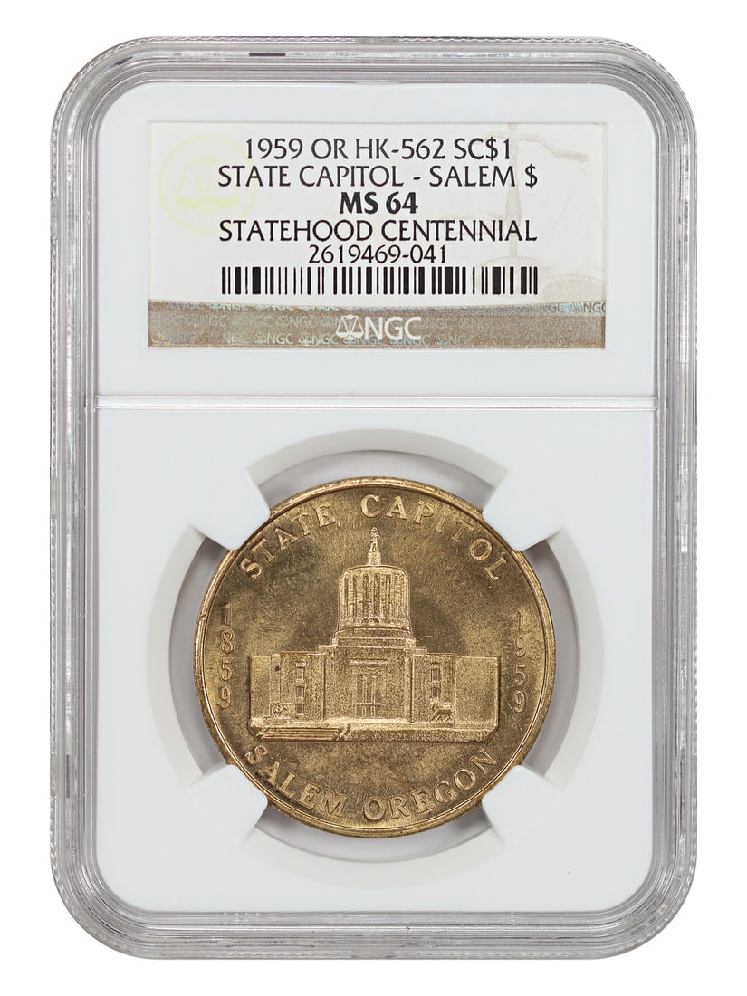 1959 Salem State Capitol Gilt-Bronze So-Called Dollar NGC MS64 HK-562: 1959 Salem State Capitol Gilt-Bronze So-Called Dollar NGC MS64 HK-562 This 1959 So-Called Dollar commemorates the Salem State Capitol and is struck in gilt-bronze. Certified by NGC with a grade of MS6