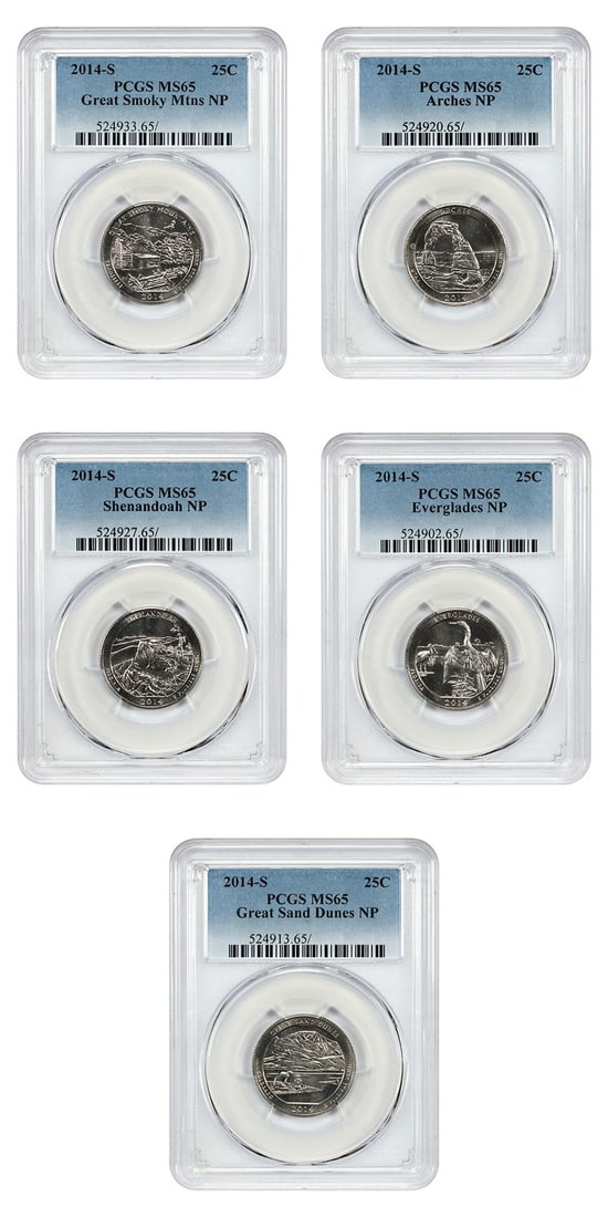 PCGS MS65 2014-S America the Beautiful Quarters Set of 5 Type 1 Clad (1 of 2)