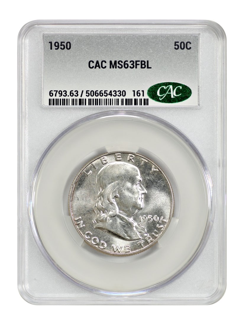 1950 Franklin Half Dollar CACG MS63FBL Philadelphia Mint: 1950 Franklin Half Dollar CACG MS63FBL Philadelphia Mint This 1950 Franklin Half Dollar is graded MS63FBL by CACG and remains uncirculated. Minted in Philadelphia, it features the Full Bell Lines (FBL