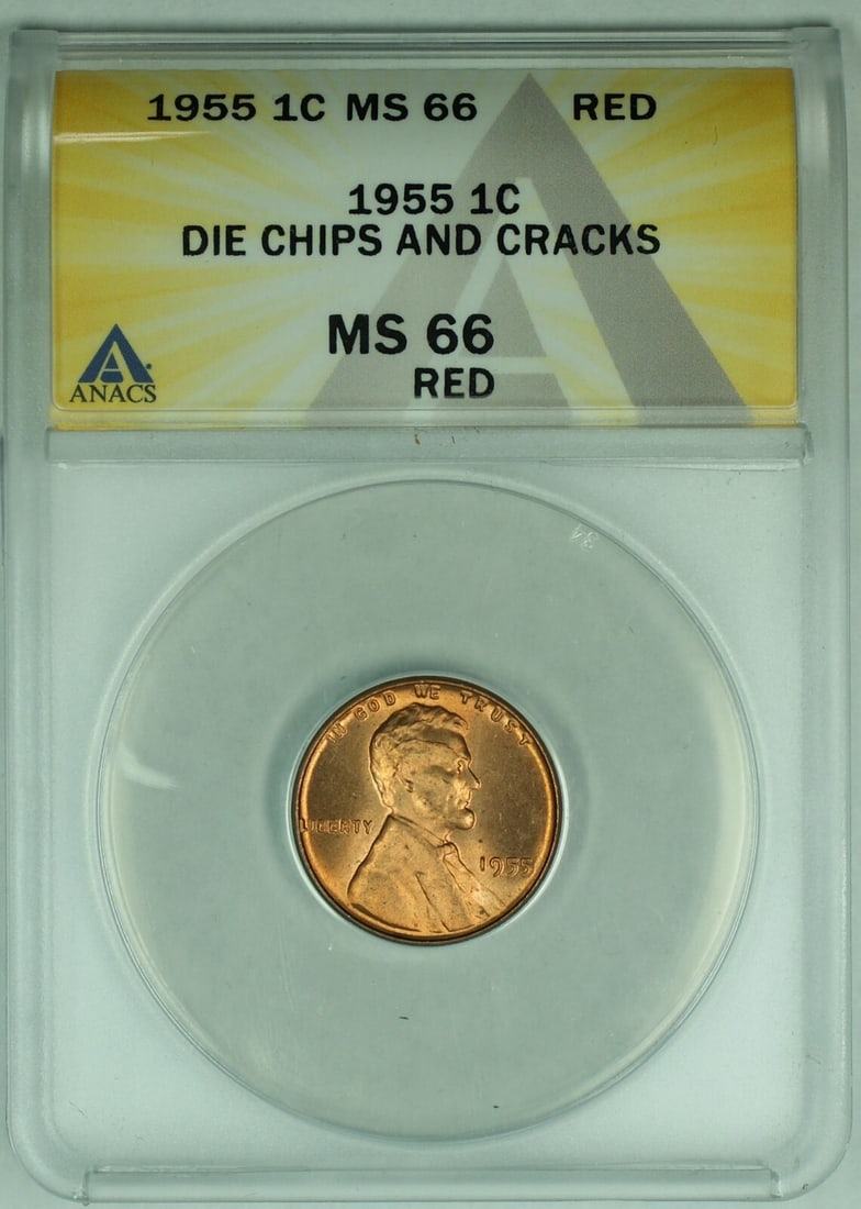 1955 Lincoln Wheat Cent ANACS MS 66 Red With Die Chips and Cracks (1 of 2)