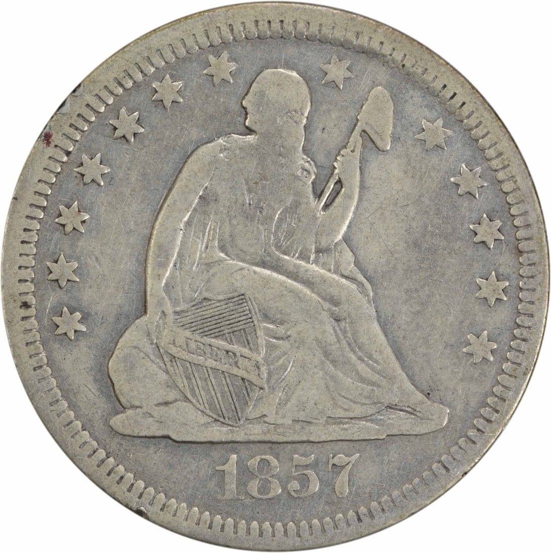 1857 Liberty Seated Silver Quarter 25C VF Uncertified Philadelphia Mint: 1857 Liberty Seated Silver Quarter 25C VF Uncertified Philadelphia Mint This 1857 Liberty Seated Silver Quarter showcases the elegant design by Robert Ball Hughes and Christian Gobrecht. Featuring a d