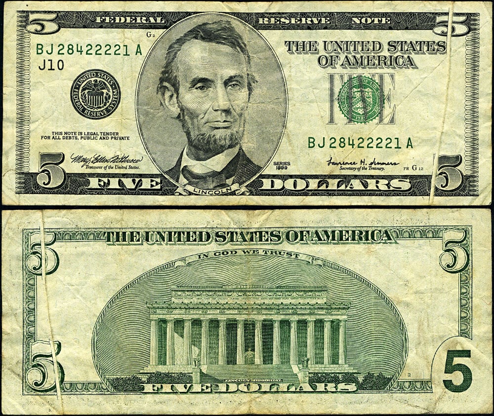 1999 $5 Federal Reserve Note Gutterfold Uncertified VF (1 of 3)