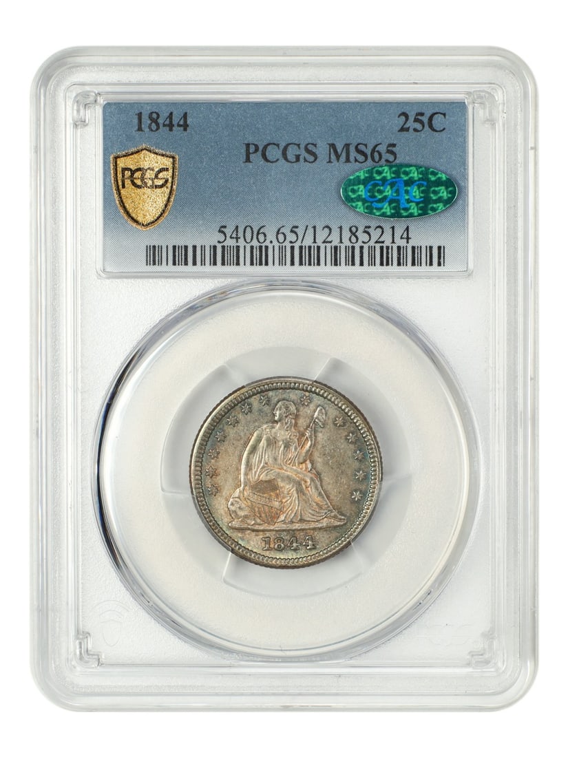 PCGS CAC MS65 1844 Liberty Seated 25C Quarter Philadelphia Mint: PCGS CAC MS65 1844 Liberty Seated 25C Quarter Philadelphia Mint This is an 1844 Liberty Seated Quarter, graded MS65 by PCGS and approved by CAC. Minted in Philadelphia, this uncirculated coin features