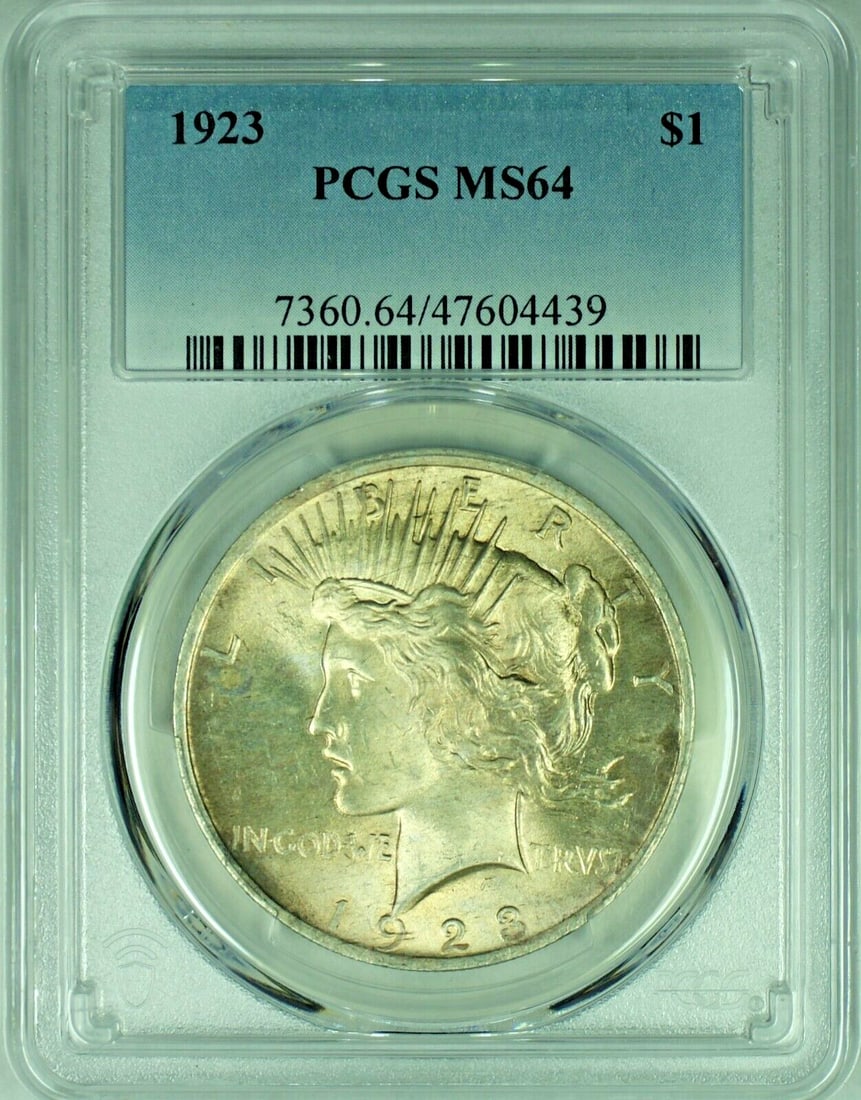 PCGS MS 64 1923 Peace Dollar Silver Coin Uncirculated: PCGS MS 64 1923 Peace Dollar Silver Coin Uncirculated This 1923 Peace Silver Dollar is a $1 coin from the United States, composed of silver. It is graded MS 64 and certified by PCGS. The coin is in un