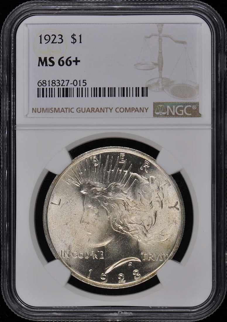 1923 Peace Dollar S$1 NGC MS66+ Uncirculated Philadelphia Mint: 1923 Peace Dollar S$1 NGC MS66+ Uncirculated Philadelphia Mint This 1923 Peace Dollar, graded MS66+ by NGC, showcases exceptional quality and detail. Minted in Philadelphia, this uncirculated coin is 