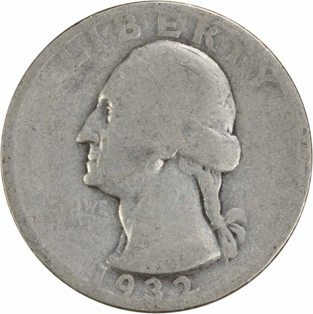 1932-S Washington Quarter 90% Silver G Circulated Uncertified: 1932-S Washington Quarter 90% Silver G Circulated Uncertified This 1932-S Washington Silver Quarter is a piece of American history, showcasing the artistry of designer John Flanagan. It is a circulate