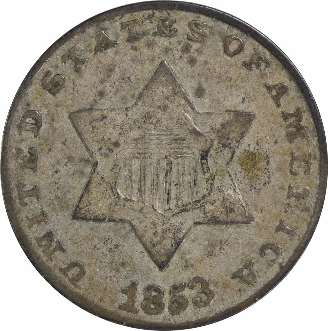 1853 Three Cent Silver Coin F Grade Uncertified Philadelphia Mint: 1853 Three Cent Silver Coin F Grade Uncertified Philadelphia Mint This 1853 Three Cent Silver coin is a fascinating piece of numismatic history, struck in Philadelphia. Designed by James Barton Longac