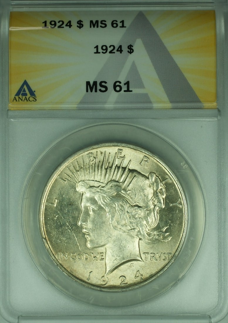 1924 ANACS MS 61 Peace Dollar Silver Coin from Philadelphia Mint: 1924 ANACS MS 61 Peace Dollar Silver Coin from Philadelphia Mint This 1924 Peace Silver Dollar is an uncirculated U.S. coin certified by ANACS with a grade of MS-61. Minted in Philadelphia, it is comp