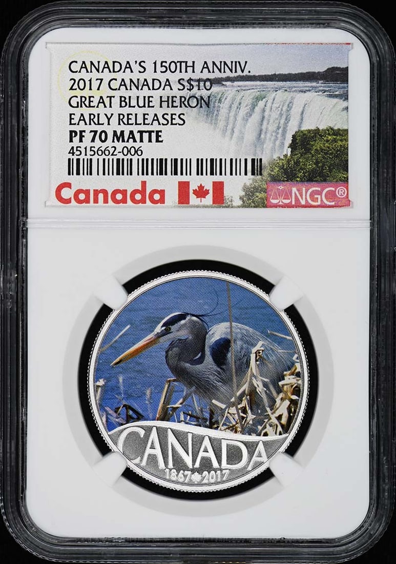 2017 Canada S$10 NGC PR70 Great Blue Heron Early Releases Coin: 2017 Canada S$10 NGC PR70 Great Blue Heron Early Releases Coin This is a 2017 Canada Great Blue Heron silver $10 coin, certified by NGC as Early Releases with a perfect grade of PR70. The coin is un-u