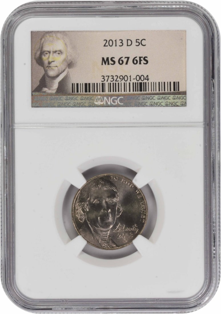 NGC MS67 2013 Denver Jefferson Nickel With 6 Full Steps: NGC MS67 2013 Denver Jefferson Nickel With 6 Full Steps This 2013-D Jefferson Nickel is certified by NGC with a grade of MS67 and features the 6 Full Steps (6FS) designation. Struck at the Denver Mint