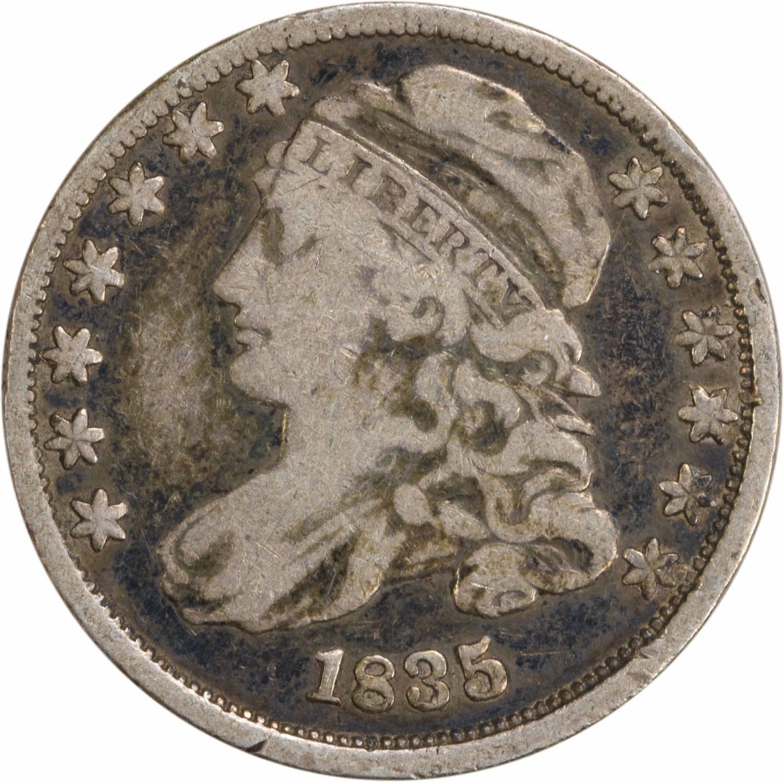 1835 Capped Bust Silver Dime 10C Uncertified Philadelphia Mint: 1835 Capped Bust Silver Dime 10C Uncertified Philadelphia Mint This 1835 Capped Bust Silver Dime is a remarkable piece of numismatic history. Struck at the Philadelphia mint, it features a classic des
