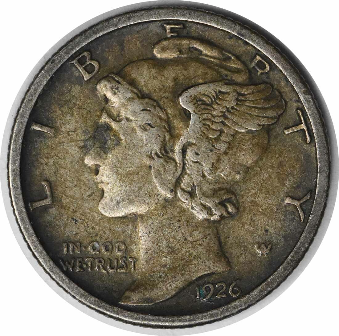1926 San Francisco Mercury Dime 90 Percent Silver Extra Fine Uncertified: 1926 San Francisco Mercury Dime 90 Percent Silver Extra Fine Uncertified This 1926-S Mercury Dime is a circulated coin from the United States, minted in San Francisco. Designed by Adolph Alexander Wei