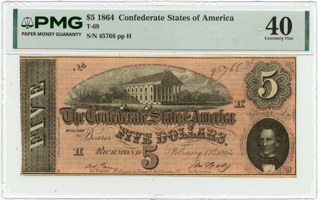 PMG XF40 Graded 1864 Confederate States T-69 Five Dollar Note (1 of 2)
