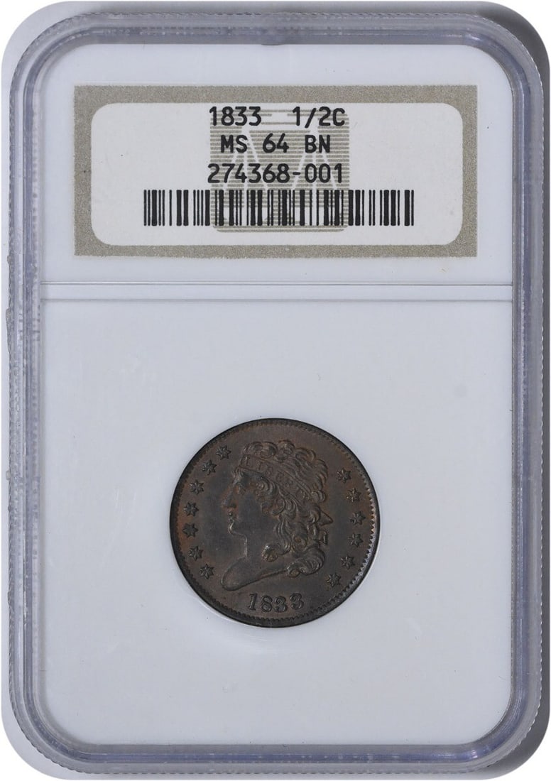 1833 Classic Head Half Cent Copper MS64BN NGC Certified: 1833 Classic Head Half Cent Copper MS64BN NGC Certified This 1833 Classic Head Half Cent was minted in Philadelphia and is certified by NGC as MS64BN. Composed of copper, this uncirculated coin featur