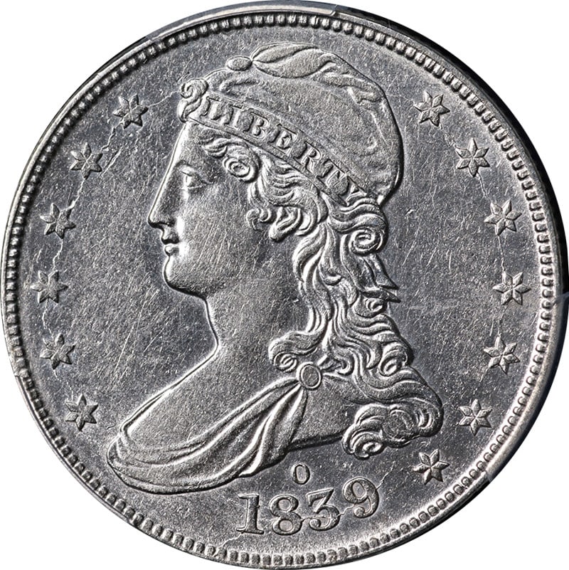 1839-O Bust Half Dollar PCGS AU Details Key Date Silver Coin: 1839-O Bust Half Dollar PCGS AU Details Key Date Silver Coin This 1839-O Bust Half Dollar is a certified PCGS AU Details coin, showcasing excellent eye appeal with bright white luster and a strong str