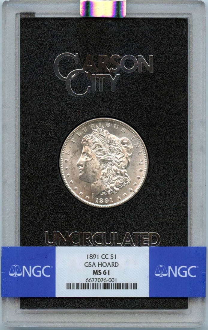 NGC MS61 1891 Carson City Morgan Dollar from GSA Hoard: NGC MS61 1891 Carson City Morgan Dollar from GSA Hoard This is an 1891 Morgan Dollar from the Carson City Mint, part of the GSA Hoard. The coin is certified by NGC with a grade of MS61 and is uncircul