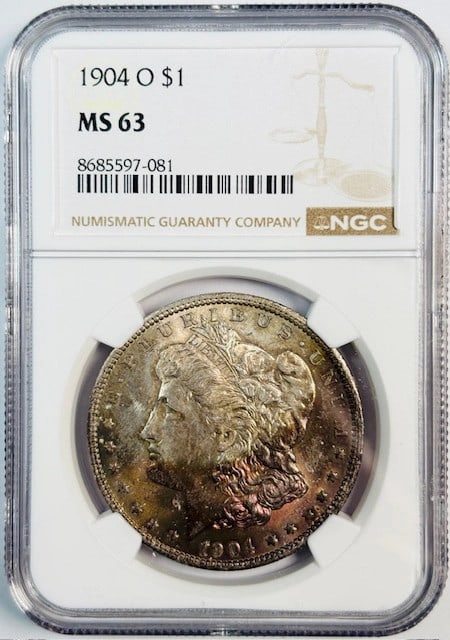 NGC MS63 1904 New Orleans Morgan Silver Dollar With Toning: NGC MS63 1904 New Orleans Morgan Silver Dollar With Toning This is a 1904 O Morgan Silver Dollar featuring attractive toning. Certified by NGC with a grade of MS 63, this uncirculated coin was minted 