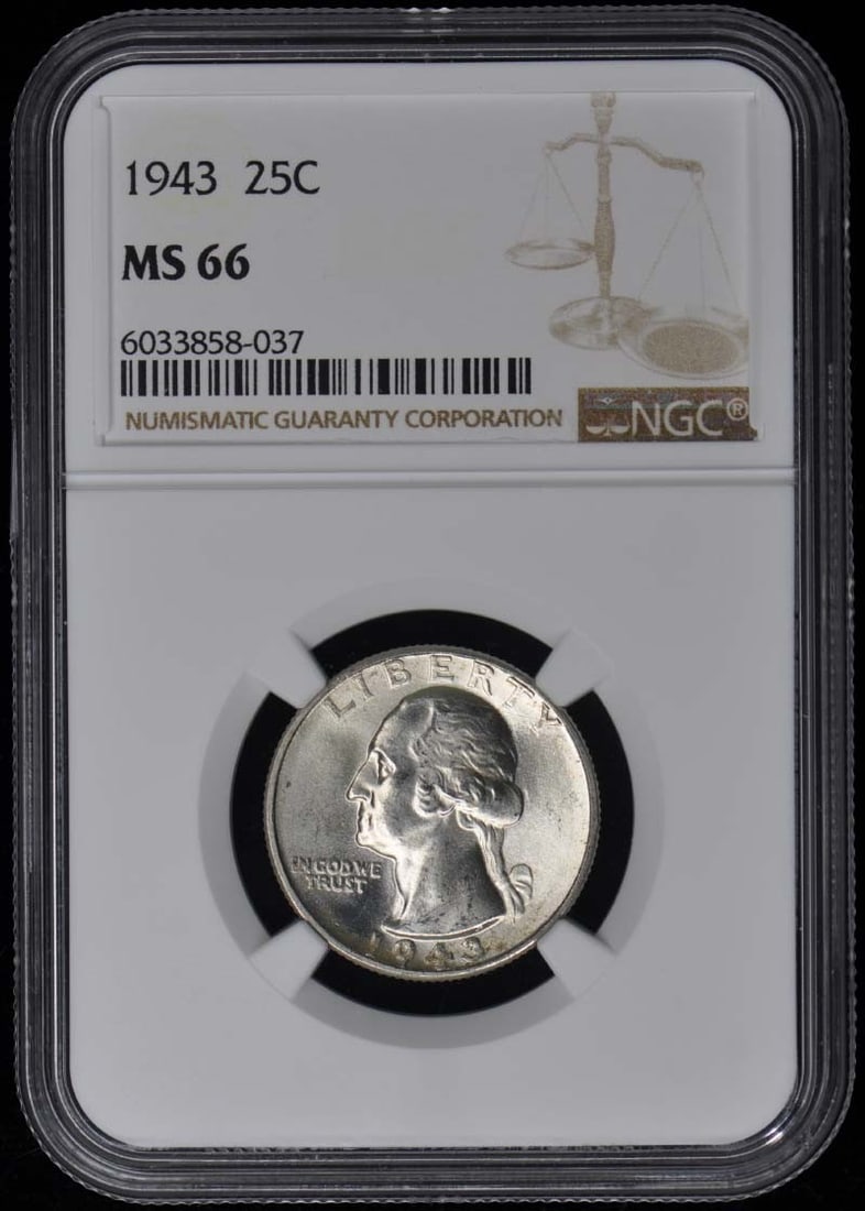 1943 Washington Quarter NGC MS66 Uncirculated Philadelphia Coin: 1943 Washington Quarter NGC MS66 Uncirculated Philadelphia Coin This 1943 Washington Quarter is graded MS66 by NGC, indicating an exceptional level of preservation. Certified under number 6033858037, 
